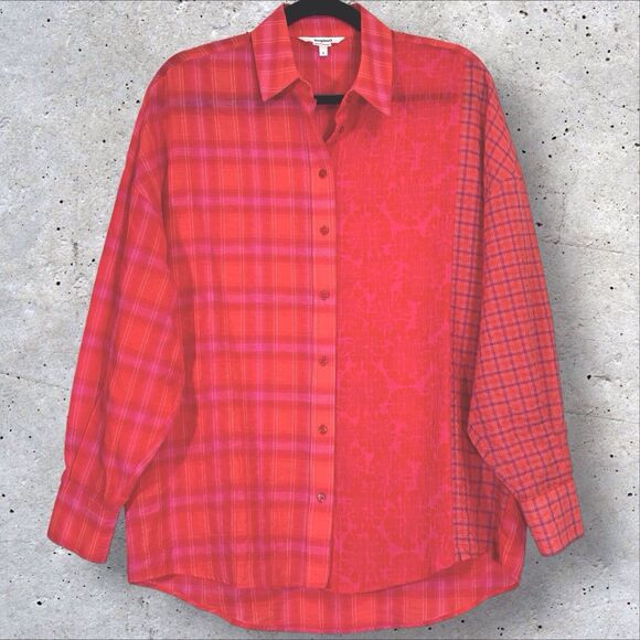 Desigual Patchwork Plaid Shirt Orange Pink Red Womens Small Oversized Button Up - Picture 8 of 15